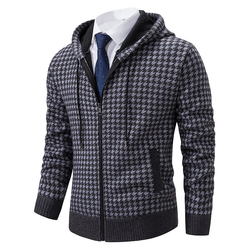 Comfortable knitted sweater for men with a modern check pattern and hood Lune London