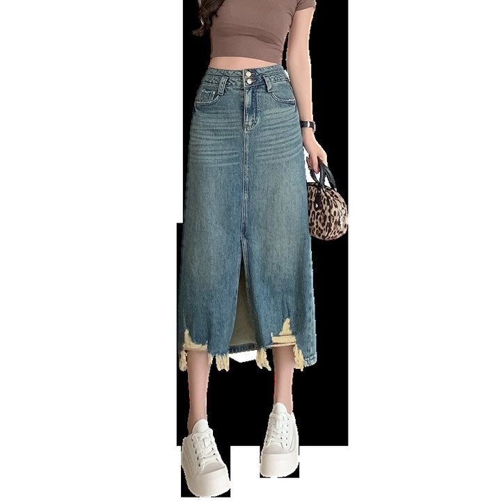 Jupe longue en denim pour femmes avec fente latérale et ourlet effiloché Chic & Stil