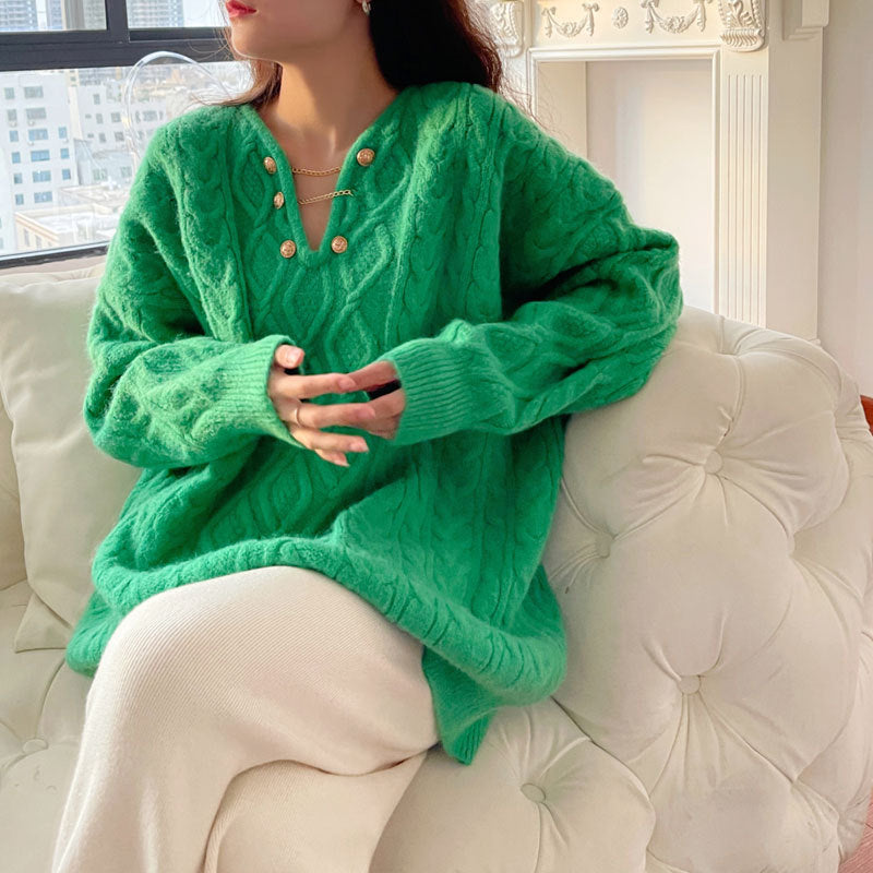 Pull épais en tricot pour femmes avec fermeture à boutons décoratifs et décolleté en V Chic & Stil