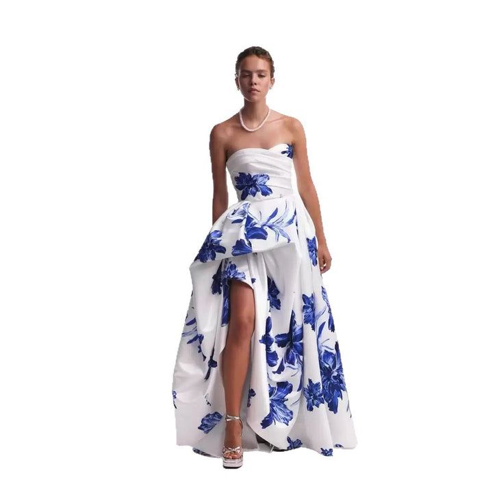 Ladies' wedding dress with strapless design and floral appliqués