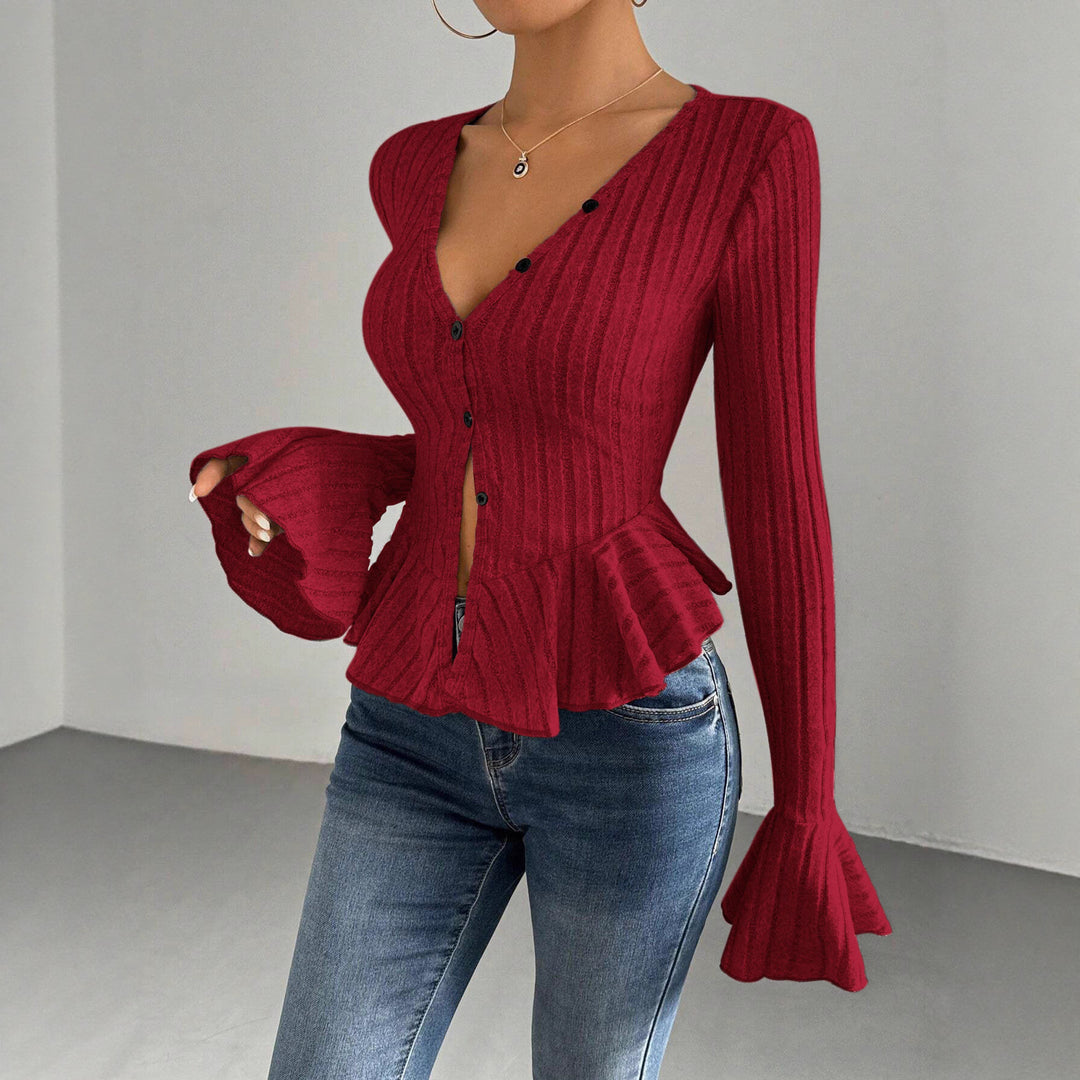 Lady knit top with refined pleated design and button placket Lune London