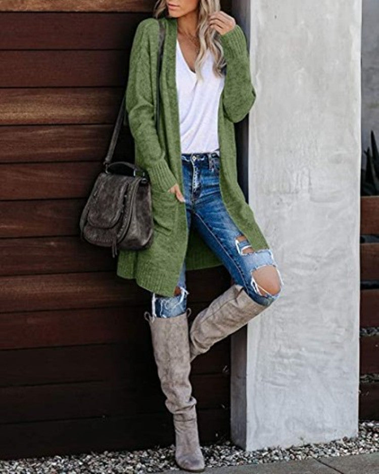 Women Long knitted cardigan with open front and cozy texture Lune London