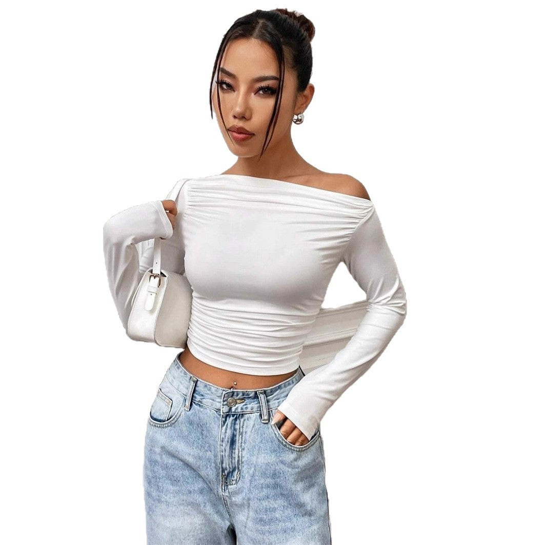 Women Long Sleeve Off Shoulder Top with Ruching Lune London