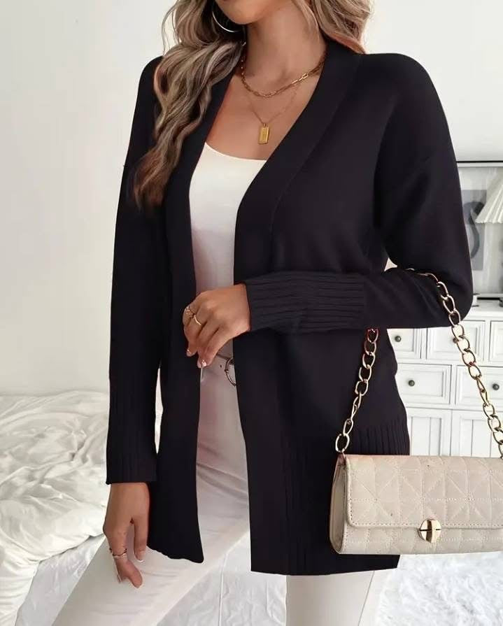 Ladies Long Knit Cardigan with fine ribbed details and a relaxed fit Lune London