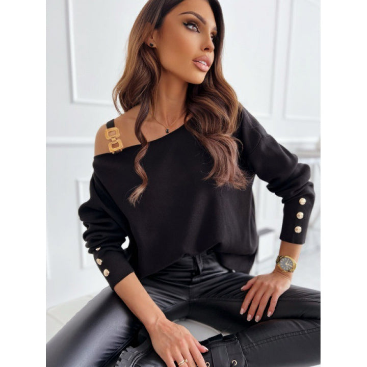 Ladies Comfortable oversized sweater with asymmetrical design and decorative buttons Lune London