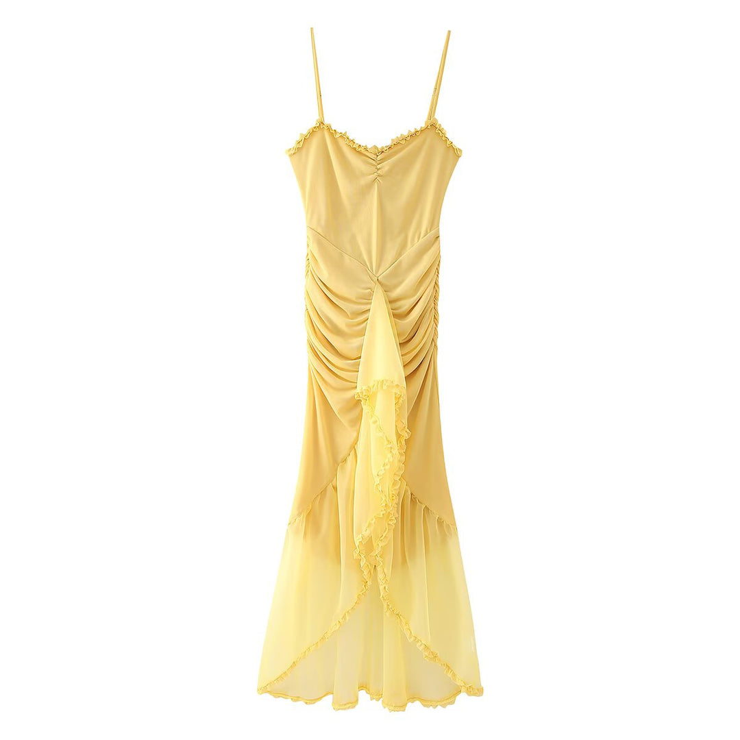 Women's maxi dress with an elegant ruffle design and artistic draping Lune London
