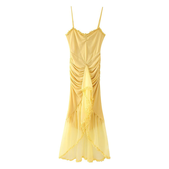 Women's maxi dress with an elegant ruffle design and artistic draping Lune London