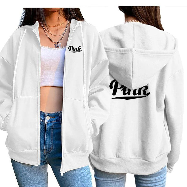 Women's relaxed hoodie jacket with practical zip and stylish lettering Chic & Stil
