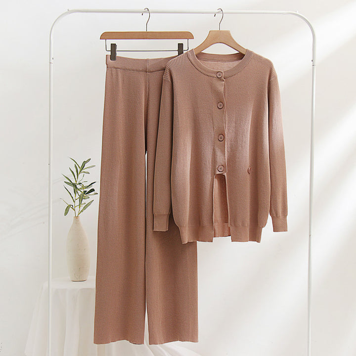 Knit loungewear set for women with a fine ribbed pattern and notable button details Lune London