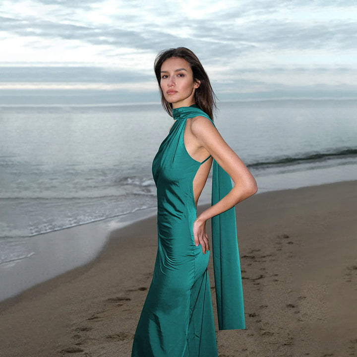 Ladies elegant maxi dress with asymmetric halter design and silky top material
