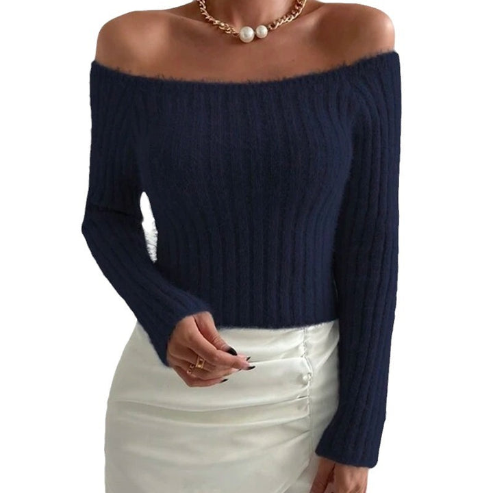 Ladies Off-Shoulder Knit Sweater with Fine Rib Structure and Long Sleeves Lune London
