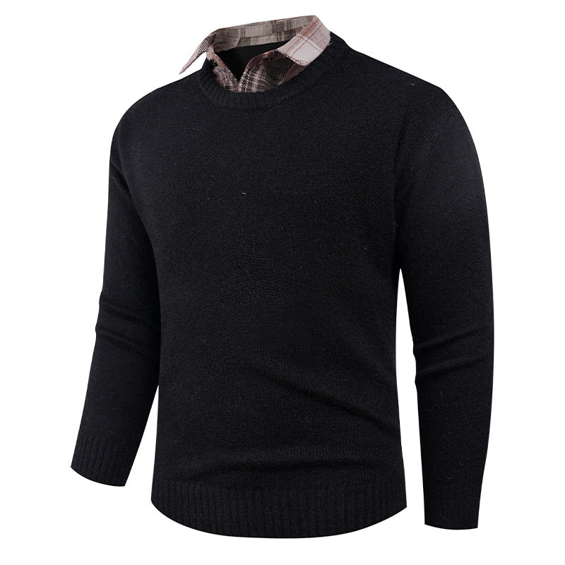 Men's Fine Crew Neck Sweater with Integrated Shirt Collar Lune London