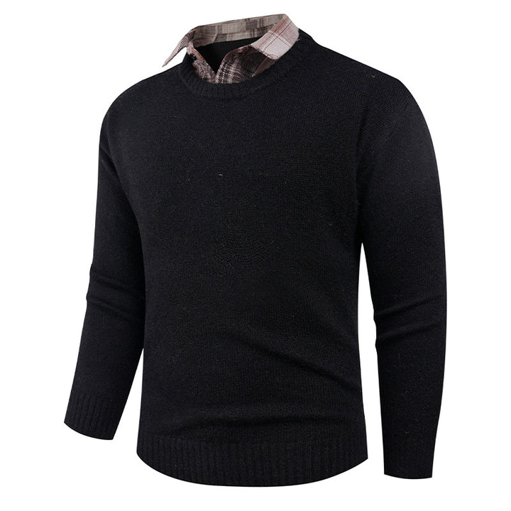 Men's Fine Crew Neck Sweater with Integrated Shirt Collar Lune London