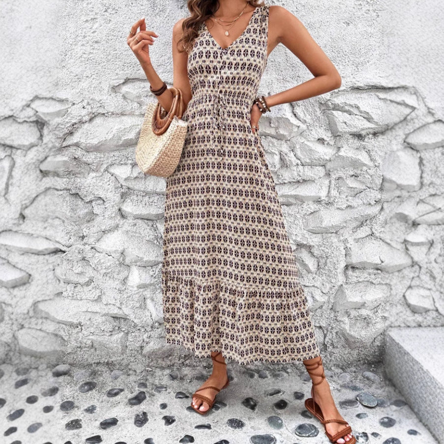 Chic and Style Women's Sleeveless Bohemian Maxi Dress with Tied Belt