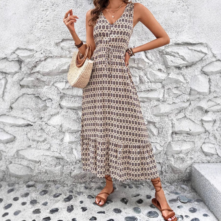 Chic and Style Women's Sleeveless Bohemian Maxi Dress with Tied Belt