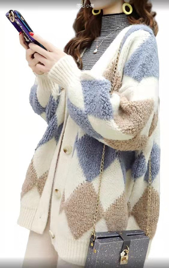 Cardigan en tricot épais pour femmes avec motif en losange décoratif et coupe confortable Chic & Stil