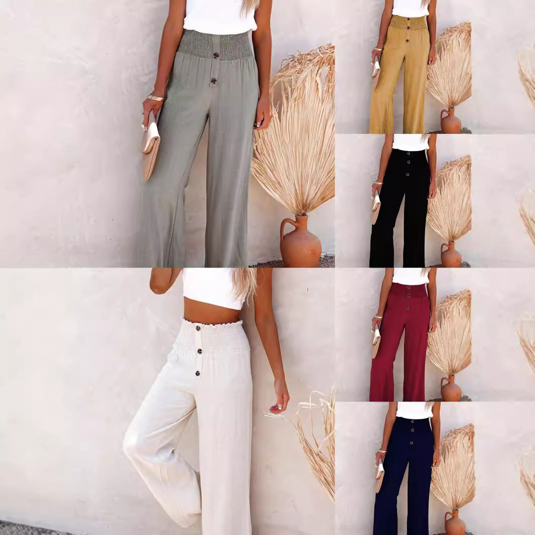 Loose summer trousers for women with elastic waist and button details Lune London