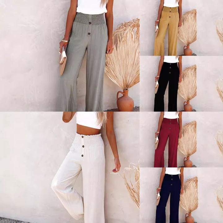 Loose summer trousers for women with elastic waist and button details Lune London