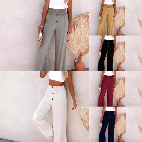 Loose summer trousers for women with elastic waist and button details Lune London