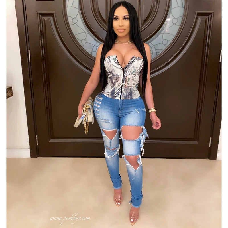 Jeans skinny pour femmes avec look détruit à la mode et taille haute Chic & Stil