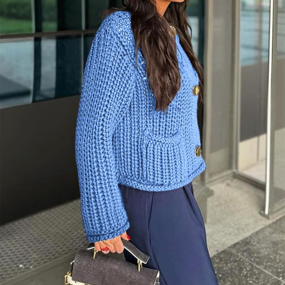 Ladies Sweatshirt in Knit with Large Buttons and Patch Pockets Lune London