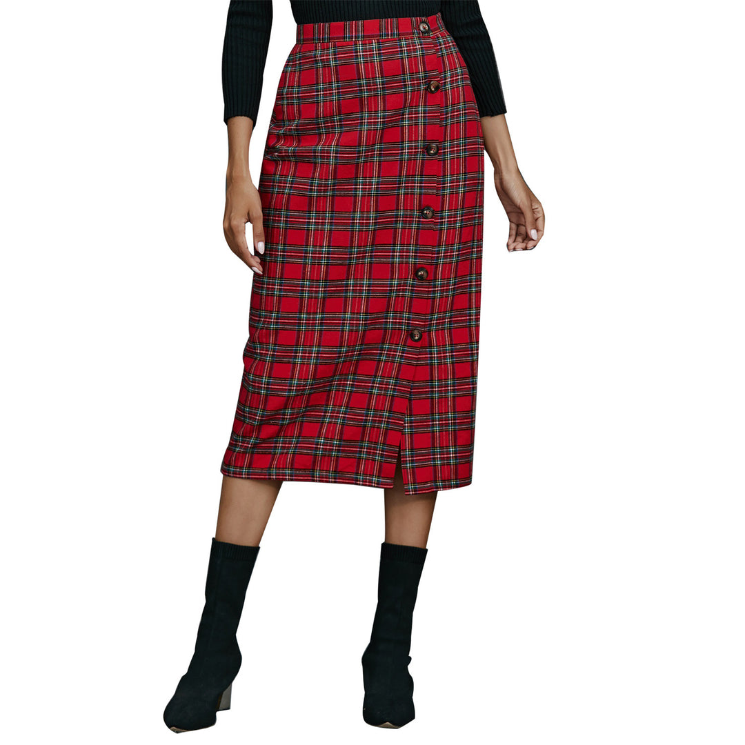 Plaid midi skirt for women with button detail Lune London