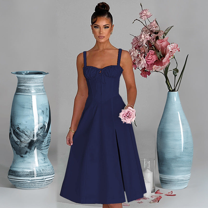 Elegant Midi Dress for Women with Deep V Neck and Chic & Stylish Refined Waist Element