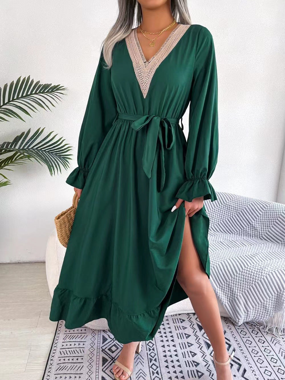 Ladies Elegant V-neck Maxi Dress with Ruffled Hem Lune London