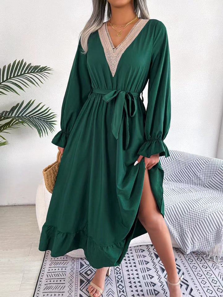 Ladies Elegant V-neck Maxi Dress with Ruffled Hem Lune London