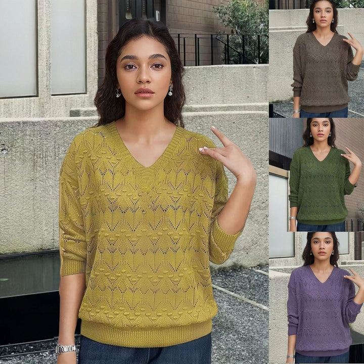 Knit sweater for women with V-neck and a delicate lace design Lune London