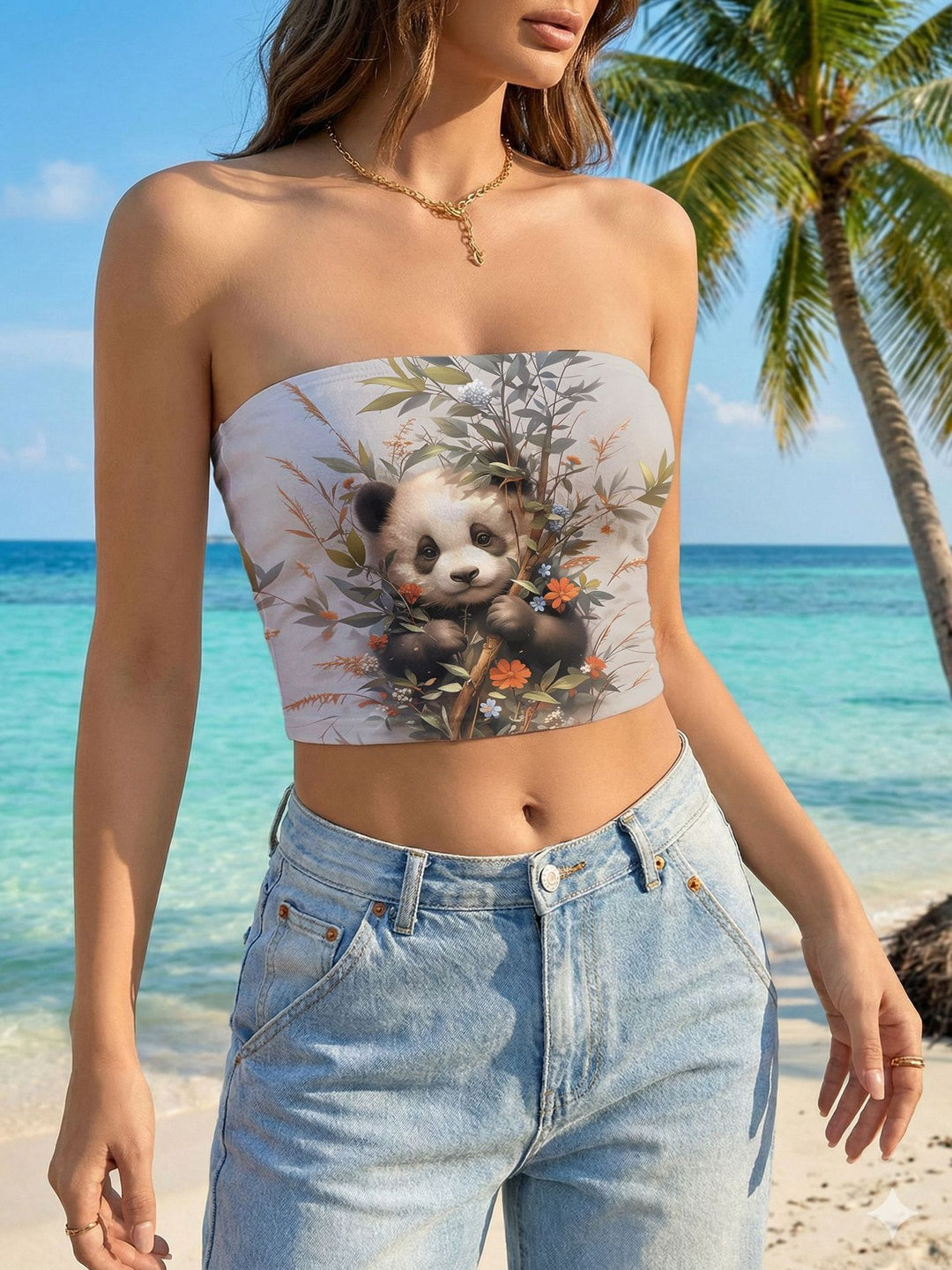 Women's bandeau top with floral bird motif and elastic fit Lune London