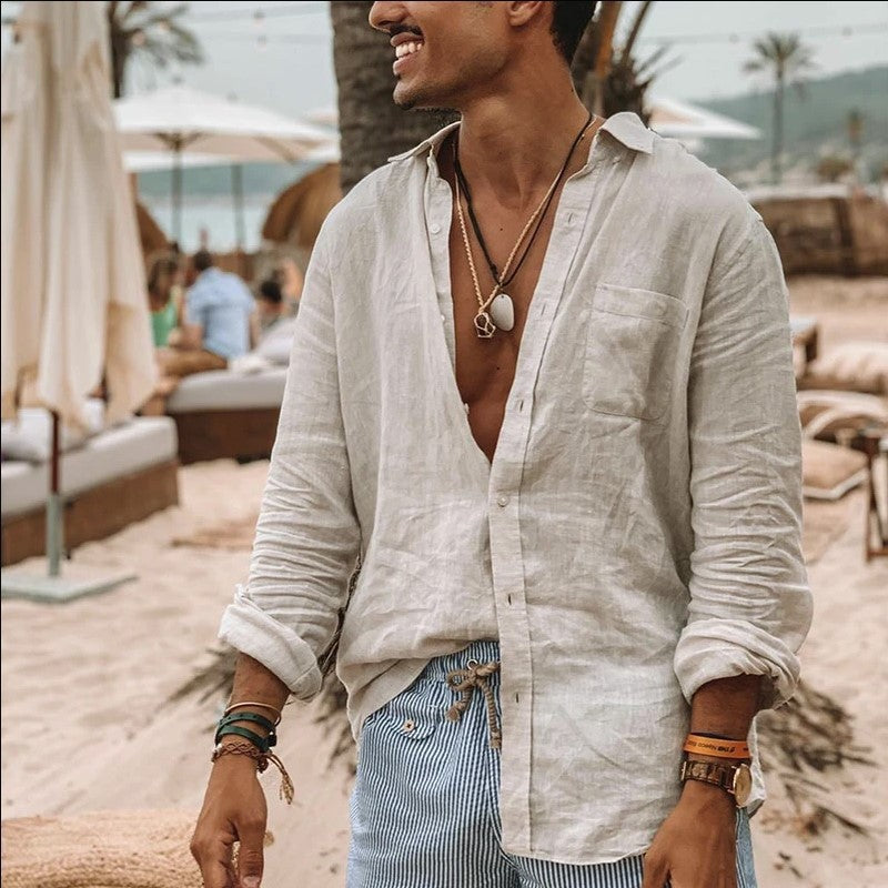 Light linen shirt for men with modern collar and casual chic design