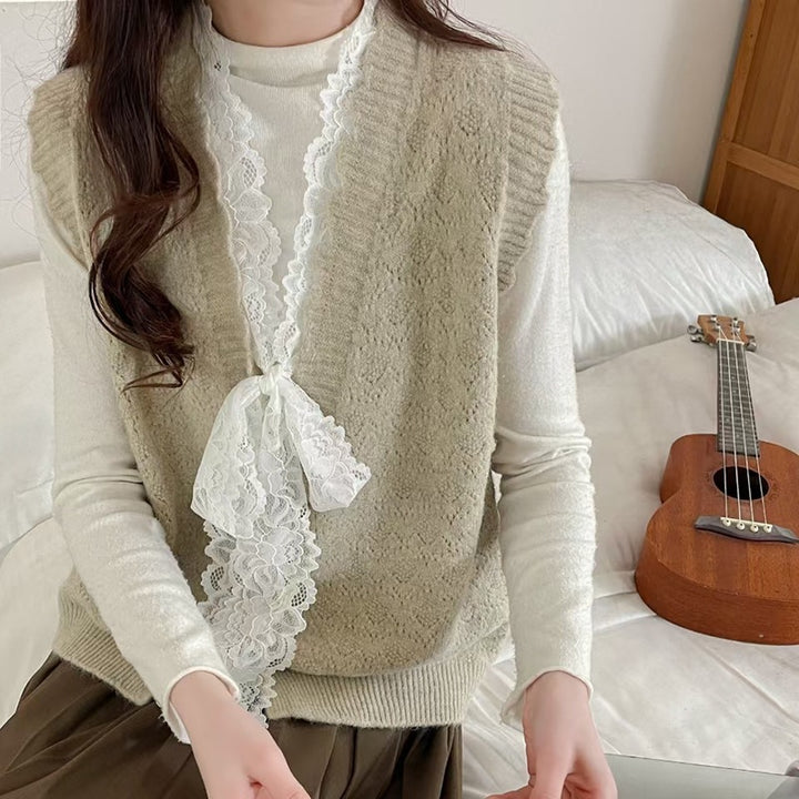 Gilet en tricot pour femmes avec détails de volants romantiques Chic & Stil