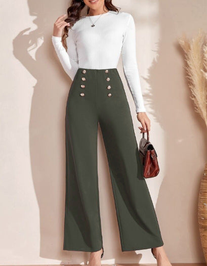 High-waisted wide-leg pants for women with decorative buttons Lune London