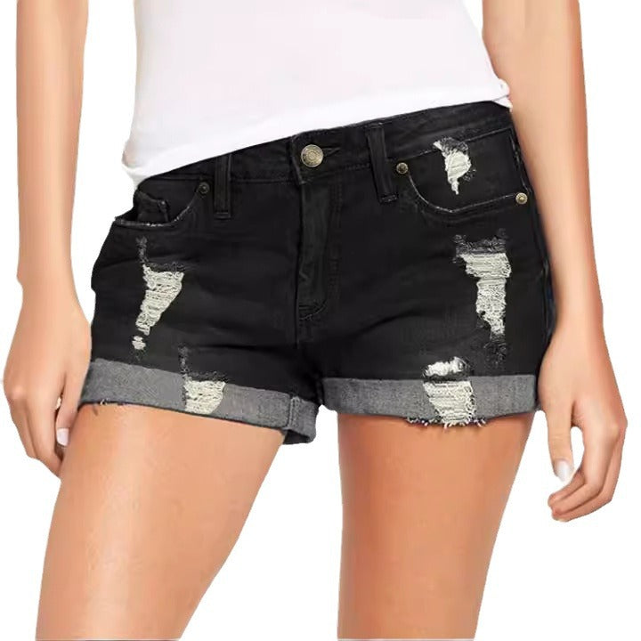 Women Destroyed Denim Shorts in Casual Leisure Style Lune London