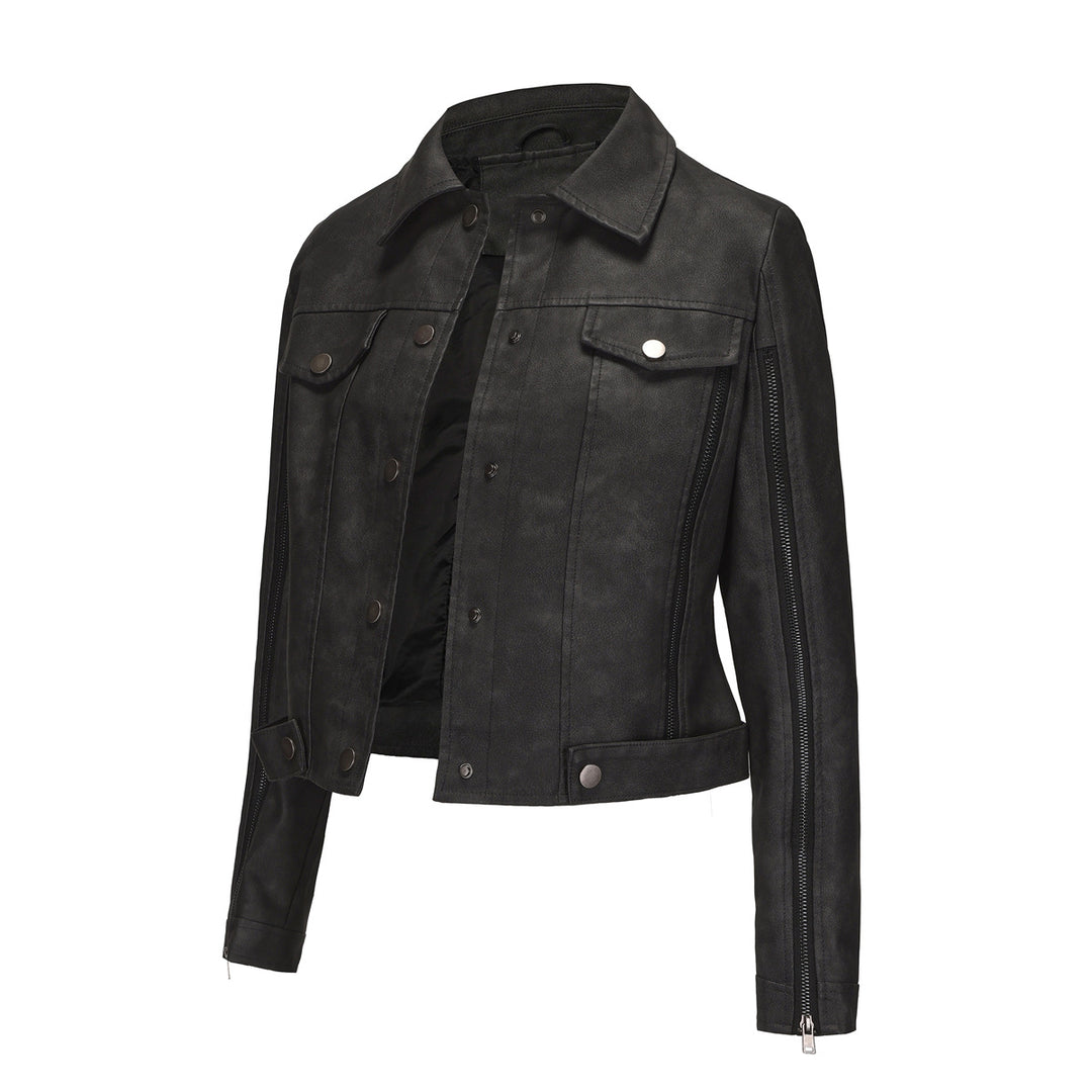 Ladies synthetic leather jacket with asymmetrical zipper Lune London