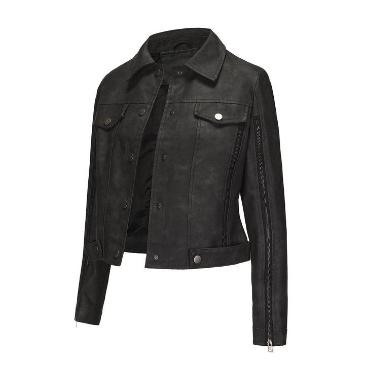 Ladies synthetic leather jacket with asymmetrical zipper Lune London