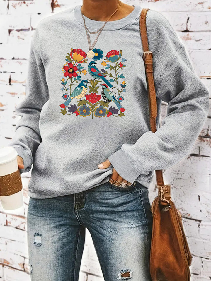 Sweatshirt pour femme avec motif floral d'oiseau et coupe décontractée Chic & Stil