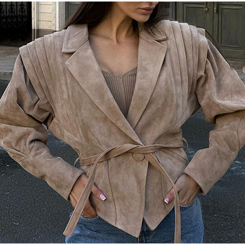 Elegant women's blazer with smooth shoulder details and tie belt Lune London