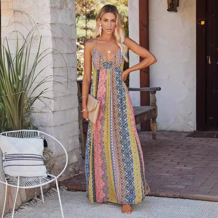 Maxi dress for women with a unique multicolored pattern and adjustable spaghetti straps Chic & Stil
