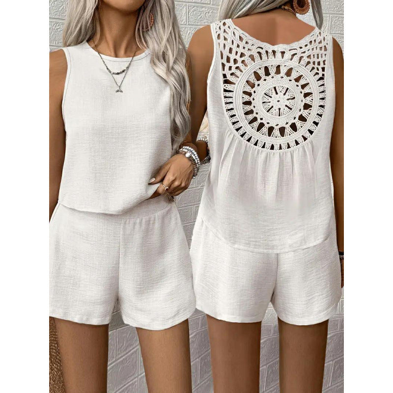 Ladies backless short jumpsuit with crochet detail Lune London