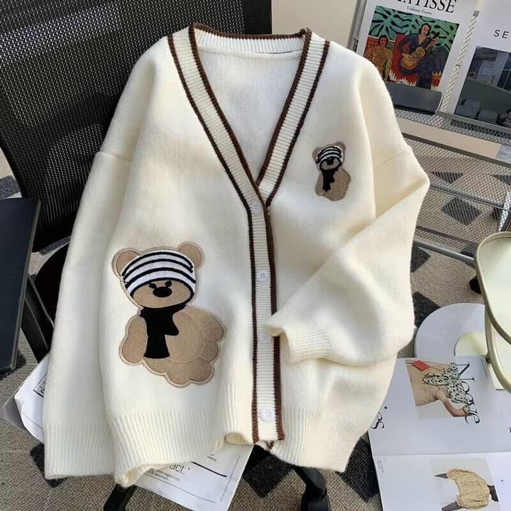 Women's knitted jacket with bear appliqués and contrasting details Lune London