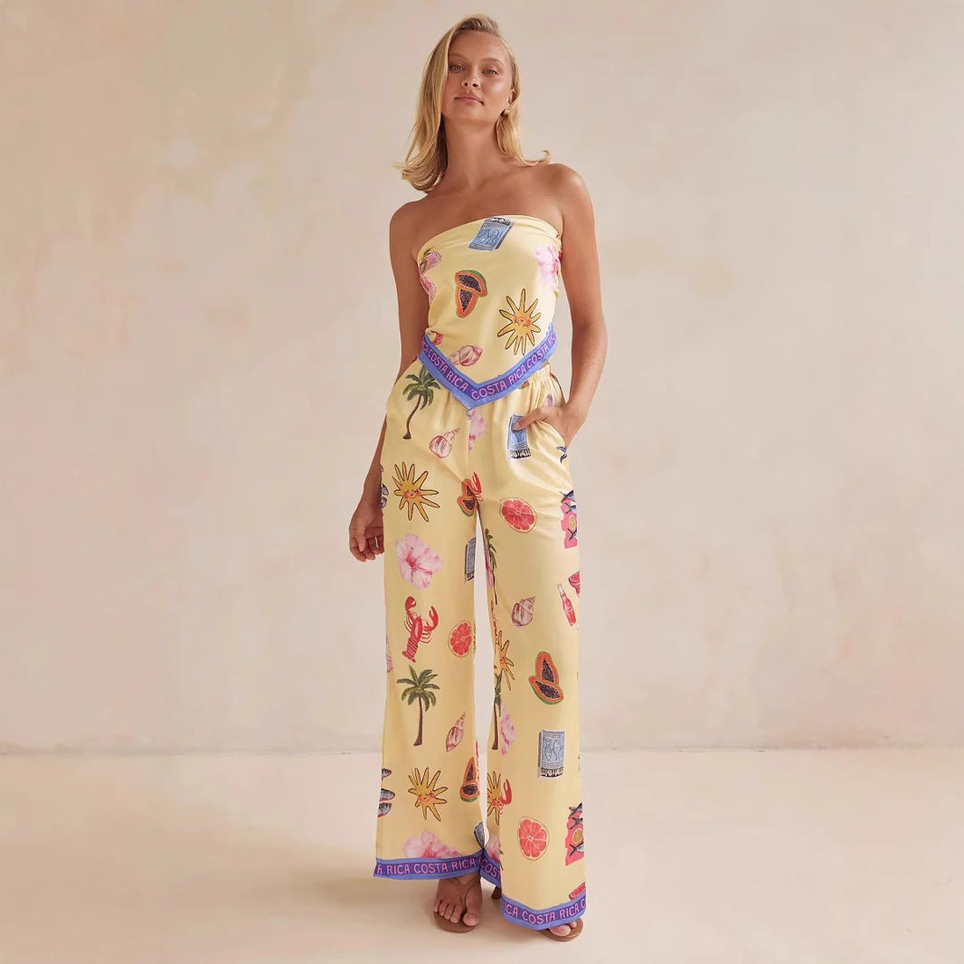Women's jumpsuit with playful tropical patterns and elastic top Lune London