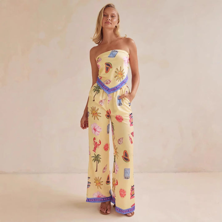 Women's jumpsuit with playful tropical patterns and elastic top Lune London