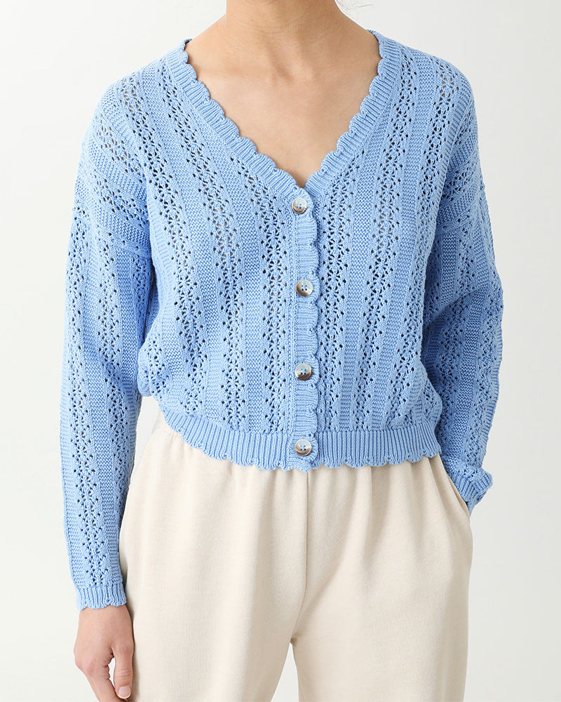 Knitted cardigan for women with feminine ruffles and button details Lune London