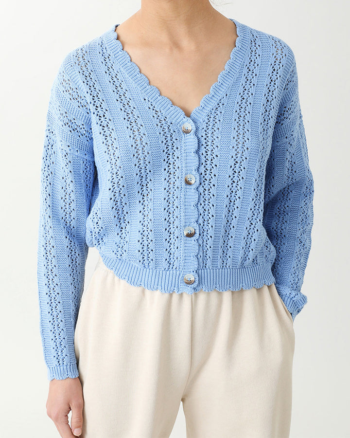 Knitted cardigan for women with feminine ruffles and button details Lune London