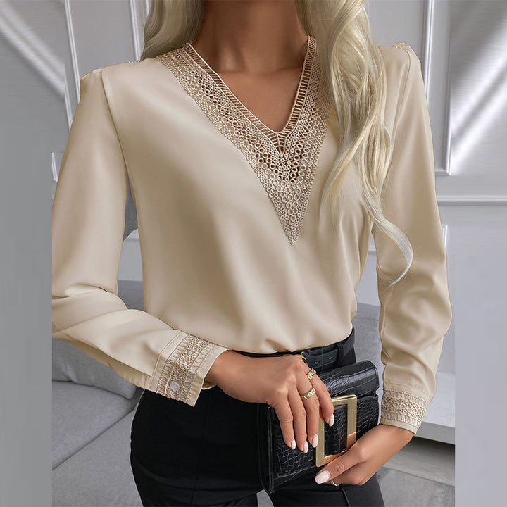 Ladies Elegant V Neck Blouse with Decorative Lace Lune London