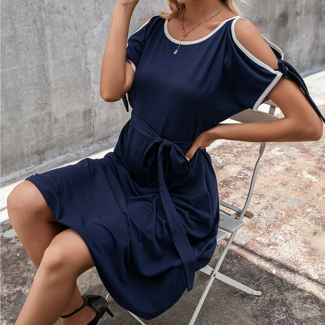 Midi dress woman with bold shoulder details and an adjustable belt Lune London
