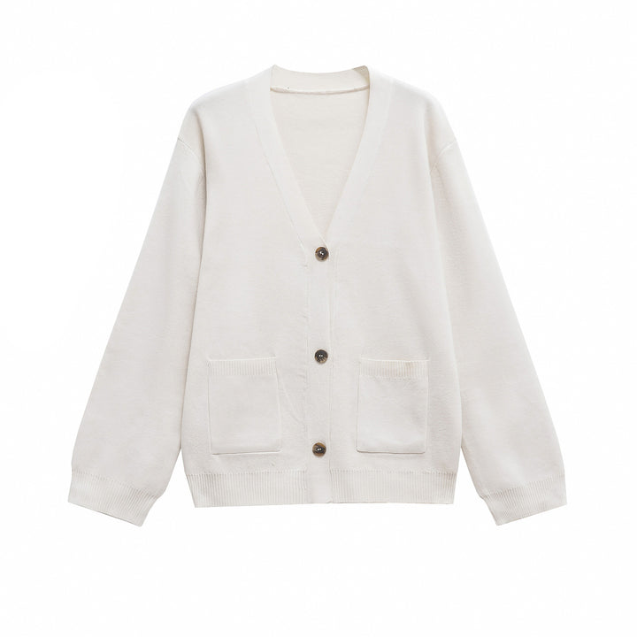 Knitted jacket for women with deep V-neck and practical pockets Lune London