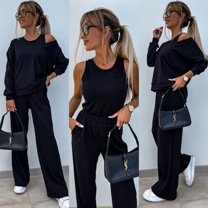 Lune London women's ribbed knit casual set with asymmetrical cutouts